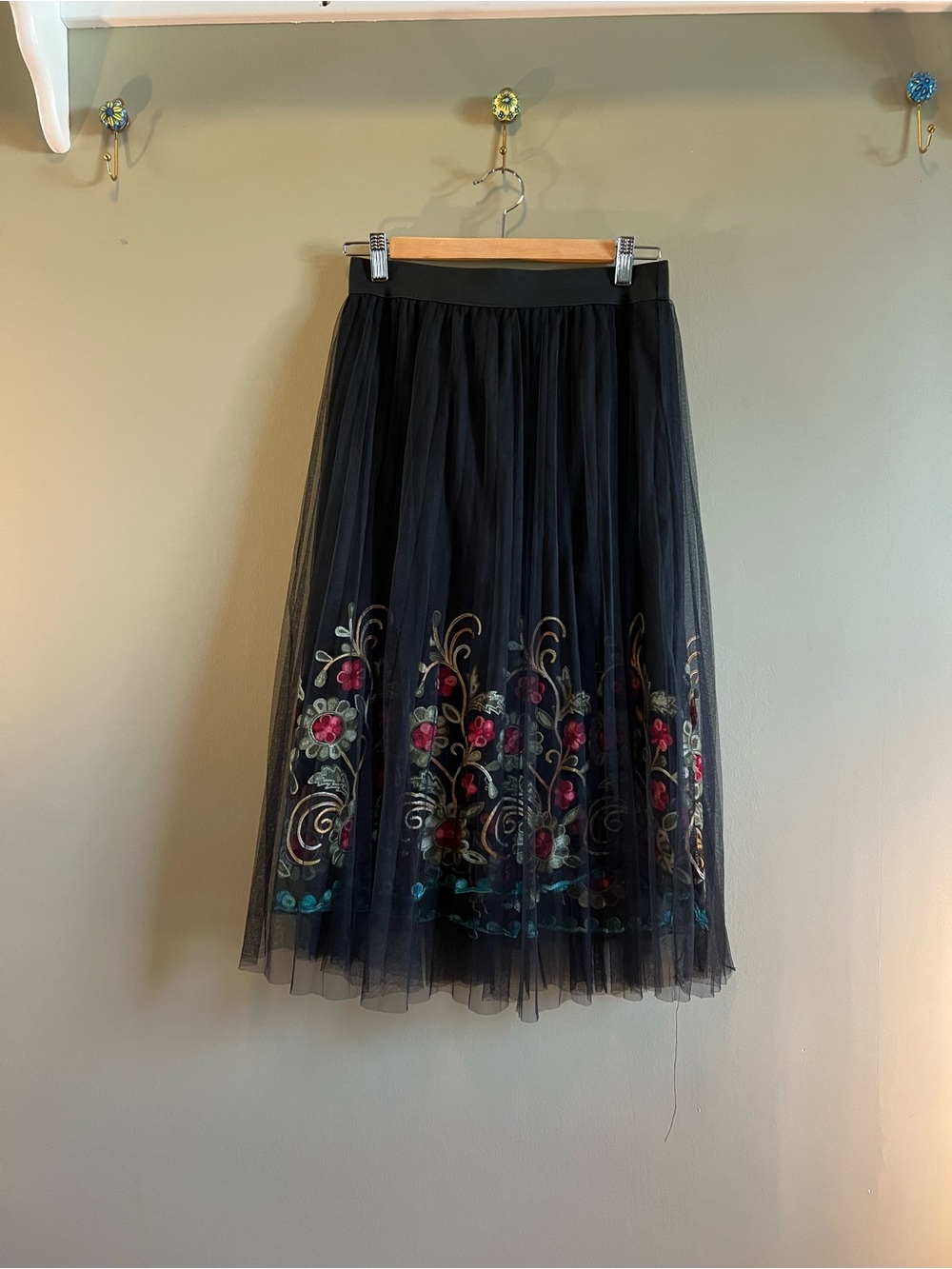Moon Collection Black Tulle Midi Skirt with Floral Embroidery